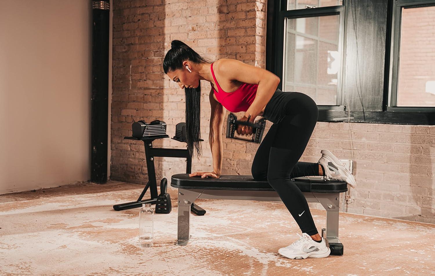 imagePOWERBLOCK Travel Bench Workout Bench Folds Up for Easy Storage Innovative Workout Equipment Home amp Commercial Gyms Comfortable High Density Foam Upholstery Silver